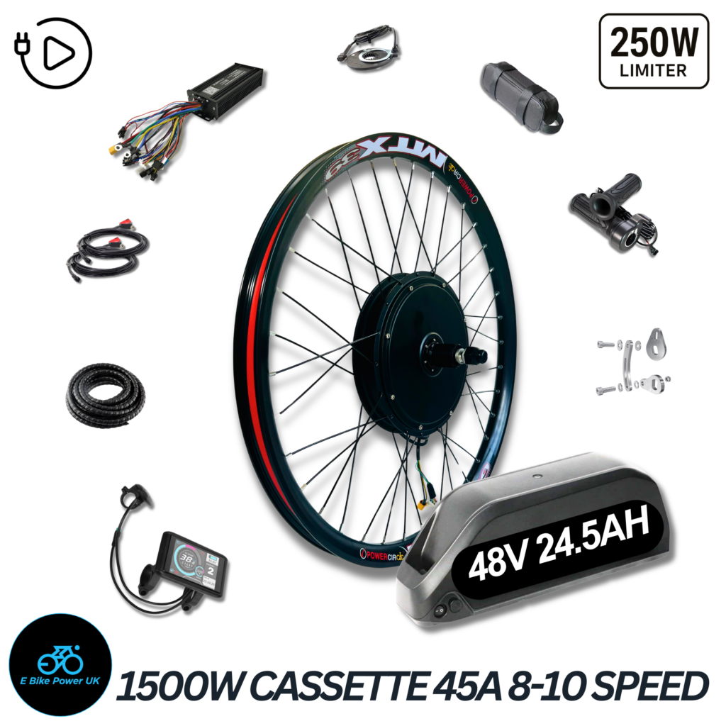 1500W E-Bike Conversion Kit 48V-52V Cassette Rear Wheel 48V 24.5Ah Battery, Colour Display, MTX39 Rim, Fits 7–11 Speed Cassettes | High-Torque Electric Bike Kit