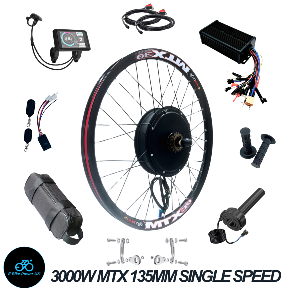 27.5” 3000W 60 Amp, 48V, 52V, 60V, 72V, Electric Bike Conversion Kit Rear Wheel Single Speed 135mm Dropout