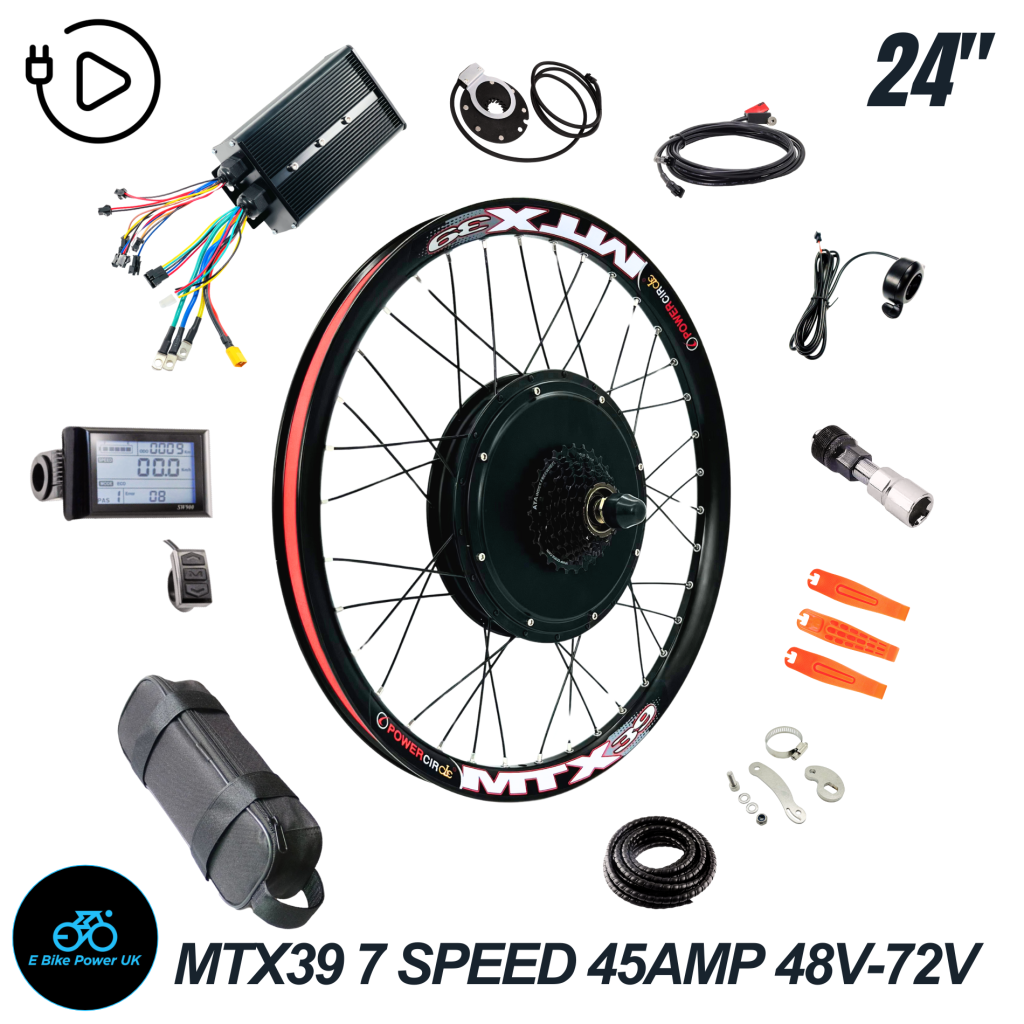 2000W 24″ E Bike Conversion Kit Rear Wheel 7 Speed 52v 60v 72v MTX39 Rim 250w