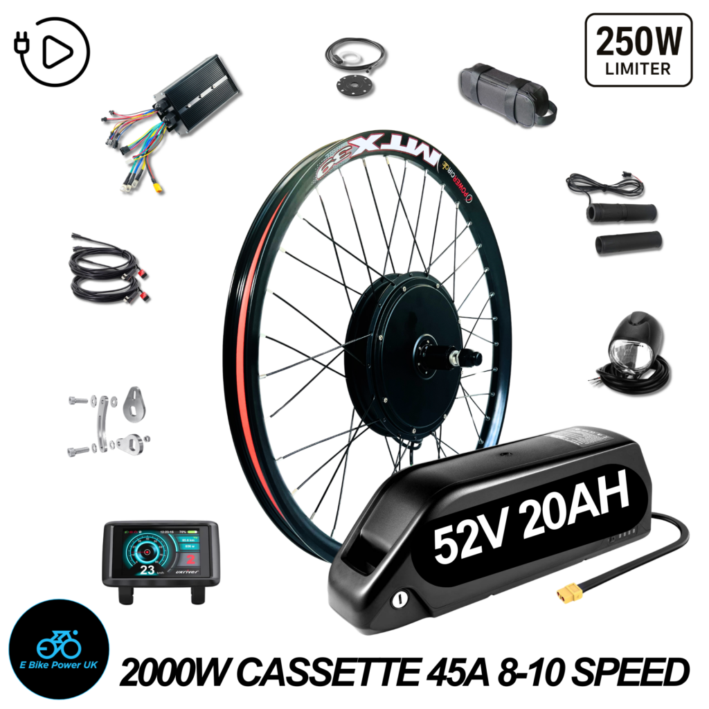 2000W E-Bike Conversion Kit 52V 20AH 50A Battery UKC1+ Colour Display Original MTX39 Rim Rear Cassette 1-11 Speed.