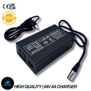 72V/84V E Bike Battery Charger 4A XLR Plug, UK Plug, Fan Cooled, Aluminium Body, Black Finish