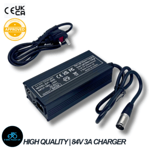 72V/84V E Bike Battery Charger 3A XLR Plug, UK Plug, Fan Cooled, Aluminium Body, Black Finish